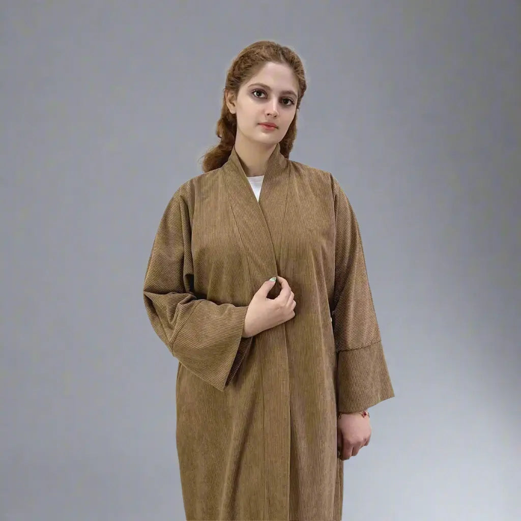 Winter Fall Thick Corduroy Open Abaya Coat Lapel Coat Peter Pan Collar Coat Cowl Neck Coat