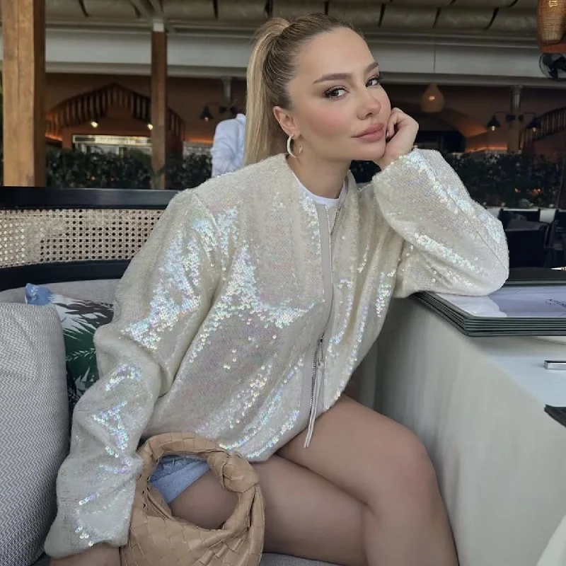 Fashion Sequined Round Neck Top Coats Off-the-Shoulder Jacket Double-Breasted Coat Single-Breasted Coat