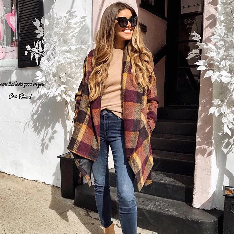 Women Loose Plaid Long Wind Coats Trench Raincoat Windbreaker