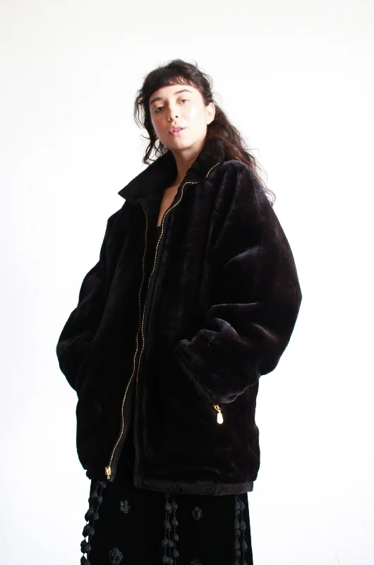 1980s Black Suede Teddy Reversible Oversized Coat Stole Shawl Scarf