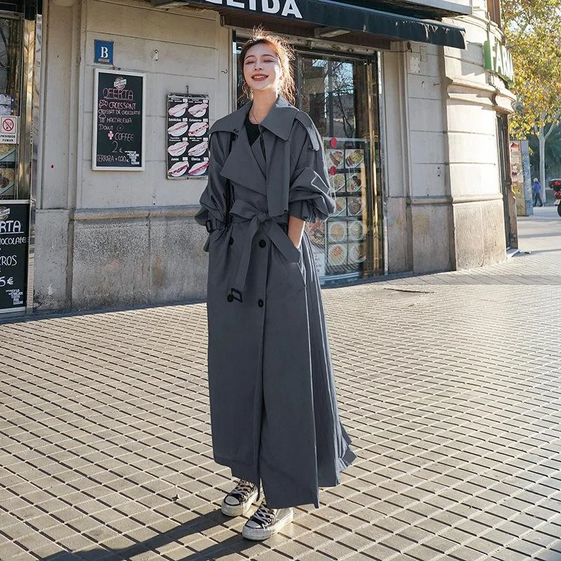 Women Loose Long Fall Coats Sequined Lace Ribbed