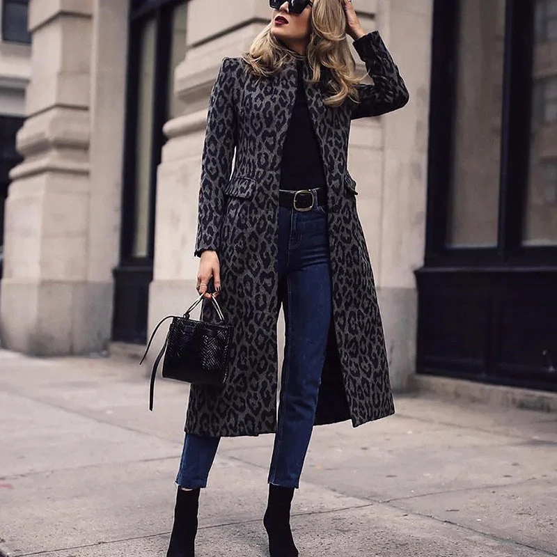 Women Black Leopard Long Coats Nylon Polyester Spandex