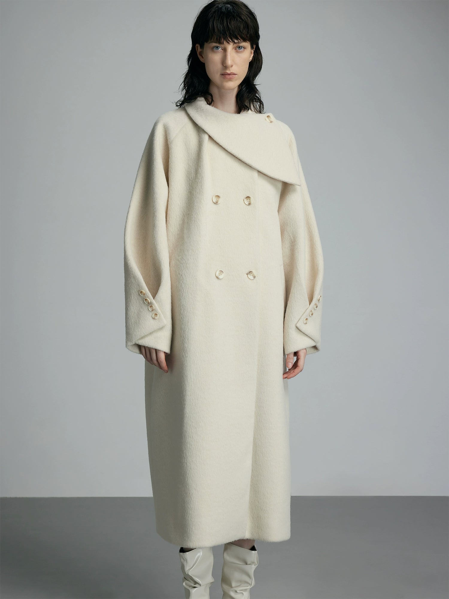 Oversized Cream Wool Winter Coat Asymmetrical Collar Hooded Zippered
