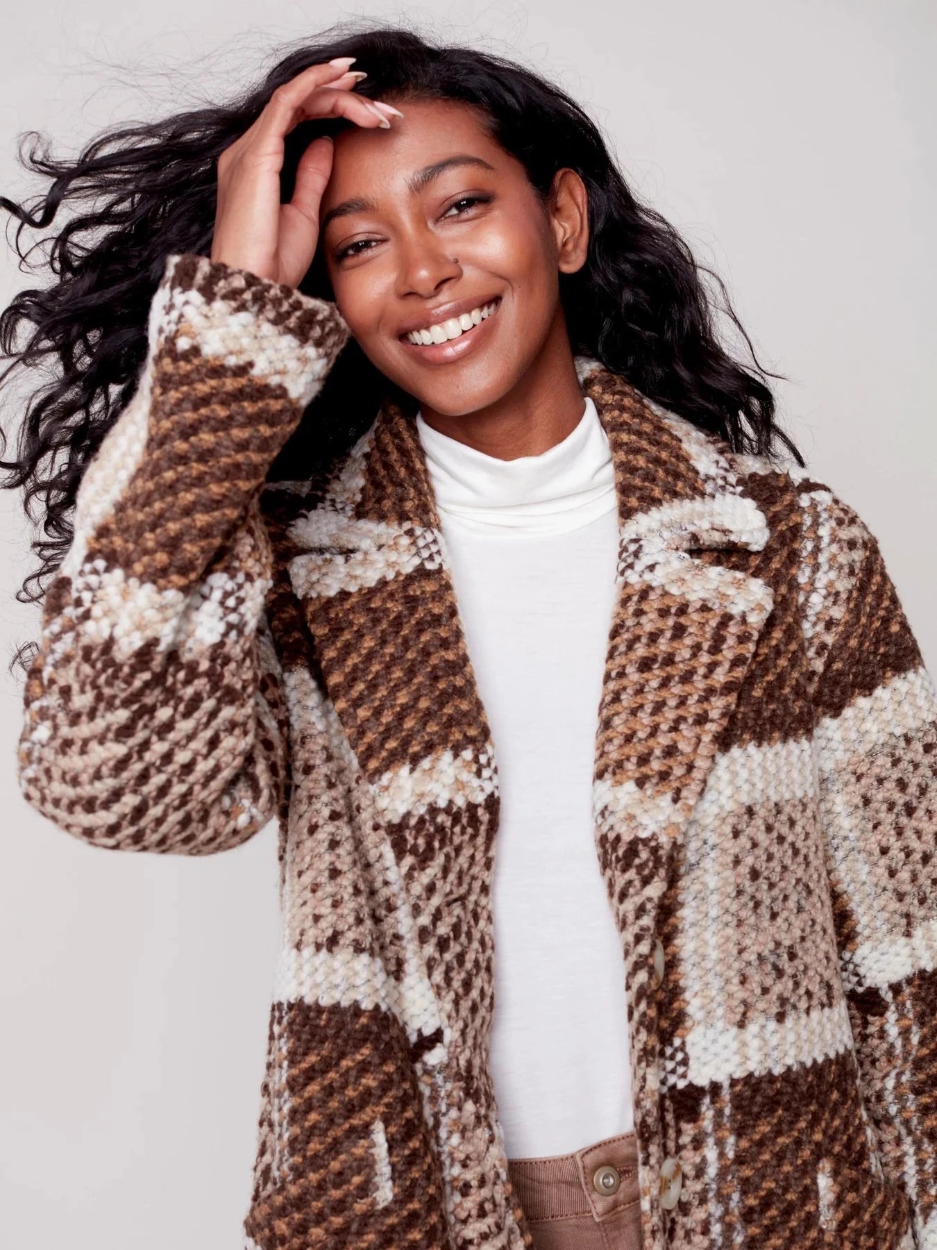 Plaid Coat With Lining [Powder-C6276] Wool Cashmere Tweed