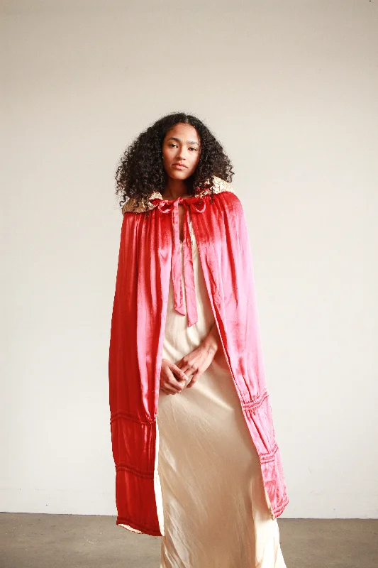 1920s Cherry Red Satin Opera Coat Shawl Collar Notch Collar Lapel Collar