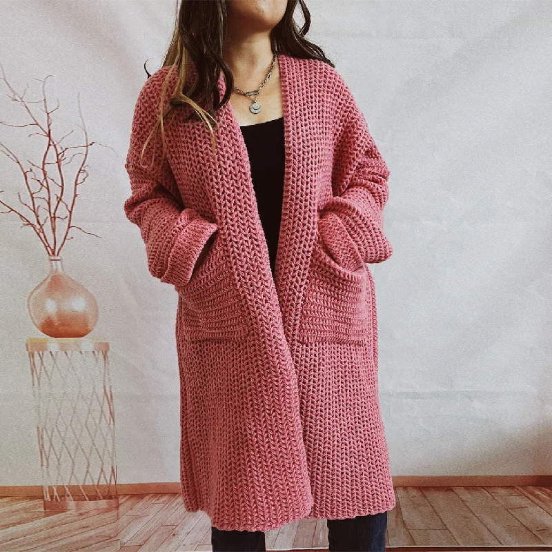 Casual Long Knitted Coats with Large Pockets Boat Shawl Notched
