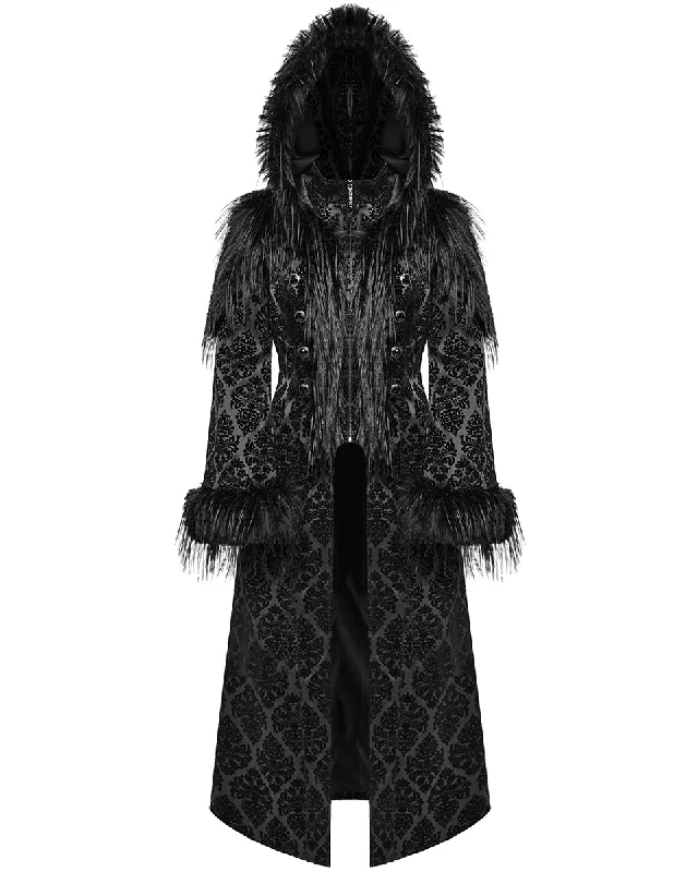 Punk Rave Womens Long Gothic Damask & Faux Fur Hooded Coat Knit Woven Fleece