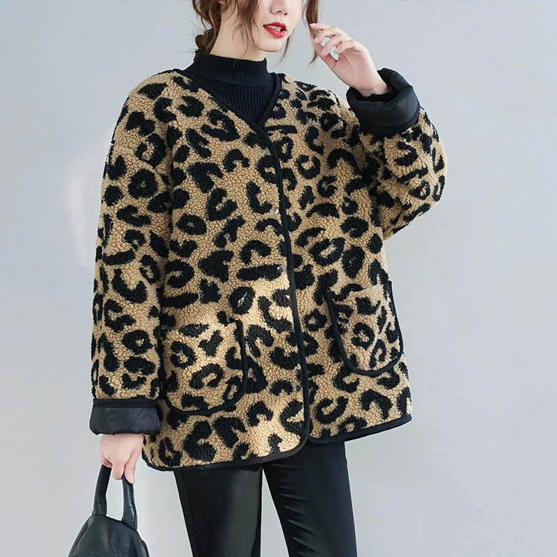 Fashion Leopard Artificial Fur Women Coats Elasticated Drawstring Belted