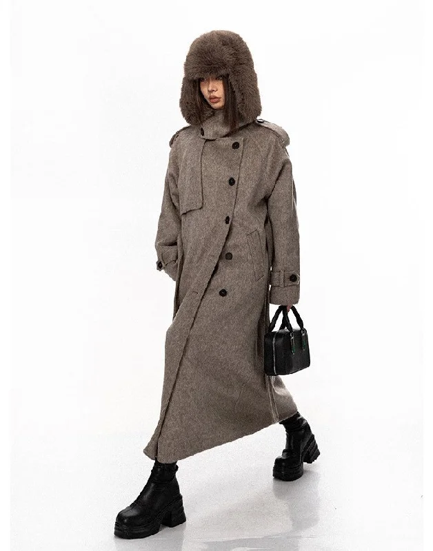 Wool Military-Style Trench Coat Cotton Linen Terry