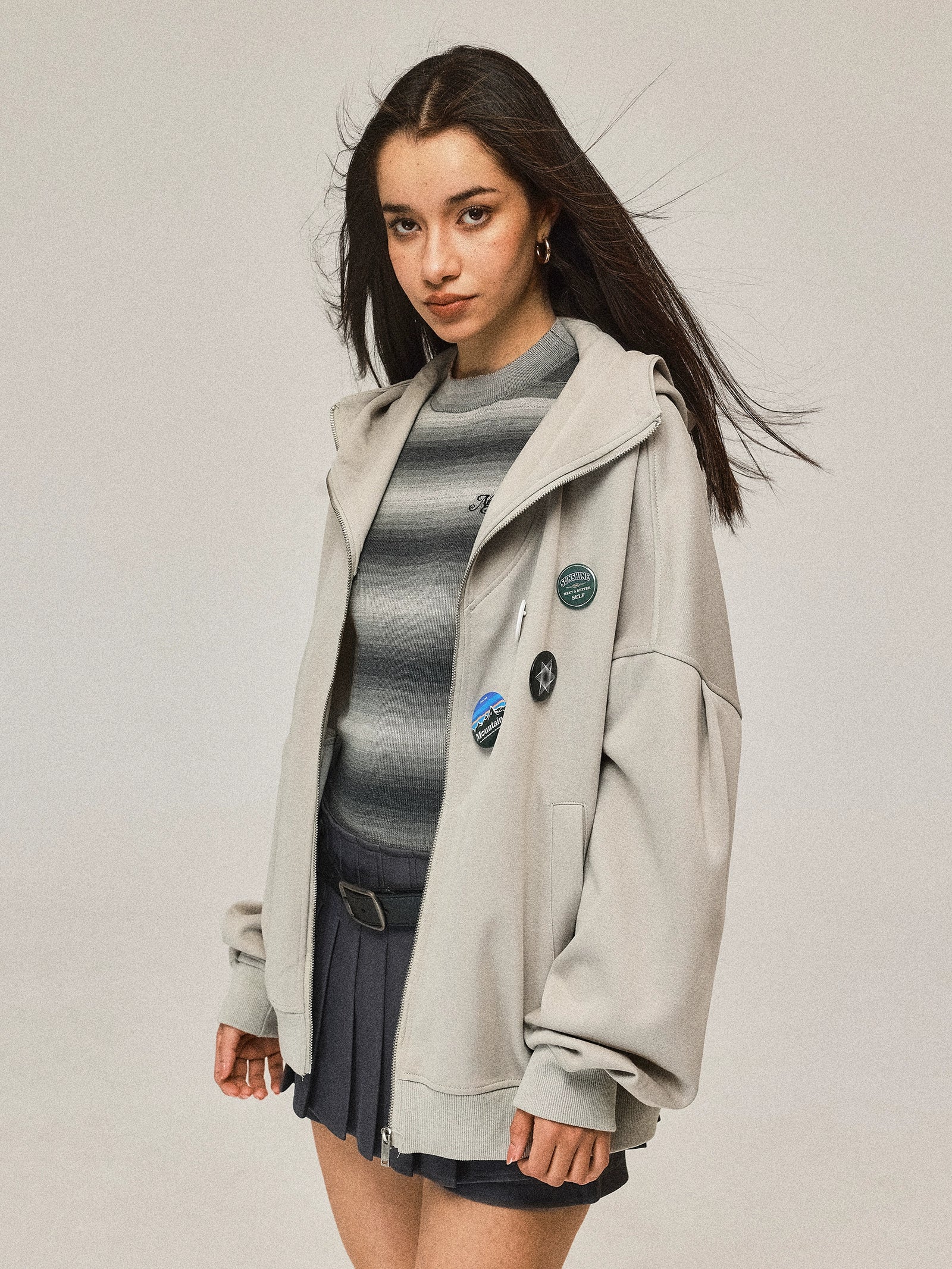 Zip Hooded Grey Coat Shawl Collar Notch Collar Lapel Collar