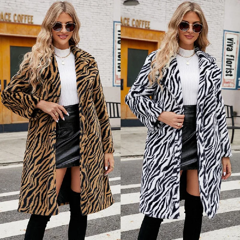 Womens Coat Faux Fur Zebra Printed Three-Quarter Sleeve Elbow Sleeve Wrist Sleeve
