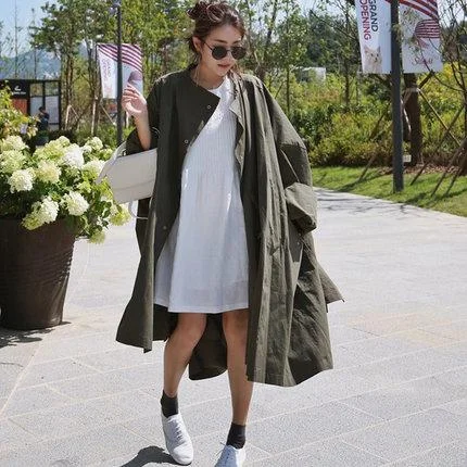 Women Bat Sleeves Army Green Fall Wind Break Coats Chenille Brocade Lace
