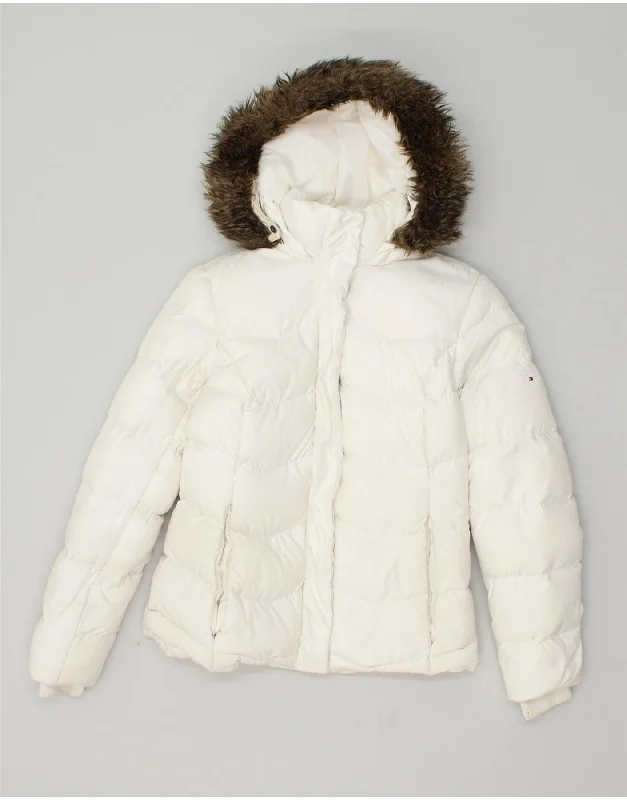 TOMMY HILFIGER Womens Hooded Padded Jacket UK 6 XS White Nylon