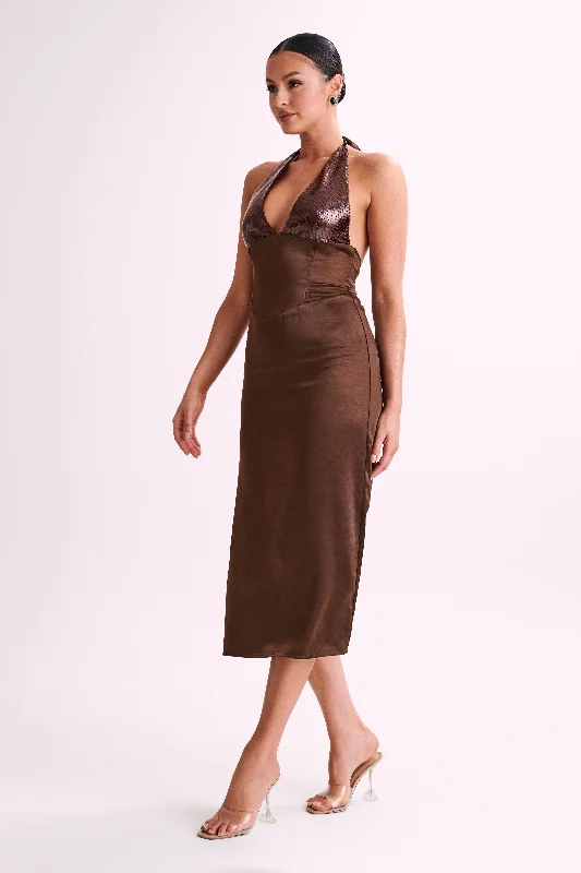 Ebony Satin Midi Dress With Sequins - Chocolate