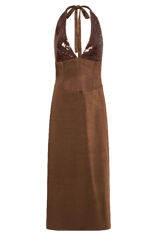 Ebony Satin Midi Dress With Sequins - Chocolate