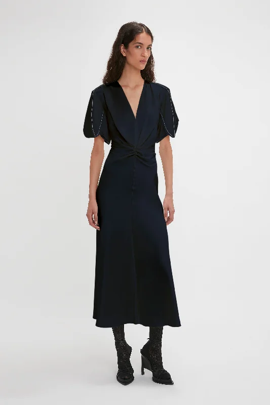 Exclusive Gathered V-Neck Midi Dress In Navy