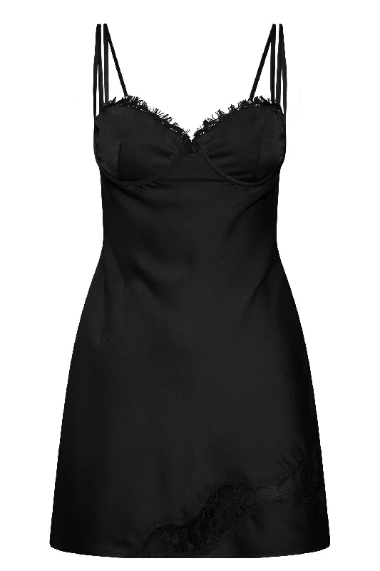 Joslyn Satin Lace Slip Mini Dress - Black