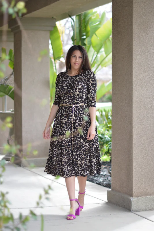 Millie Leopard Full Midi Dress (straight hem)