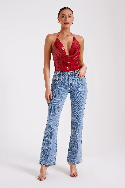 Nathalie Sequin Cowl Bodysuit - Red