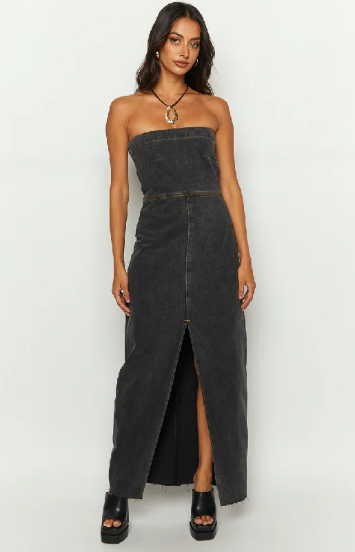 Romey Black Denim Strapless Maxi Dress