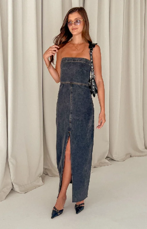 Romey Black Denim Strapless Maxi Dress