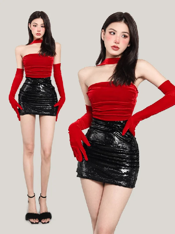 Xiaoxing Red Halter Neck Neckless Half Ruched Velour Half Sequin Slim Mini Dress