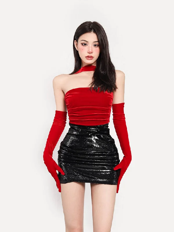 Xiaoxing Red Halter Neck Neckless Half Ruched Velour Half Sequin Slim Mini Dress