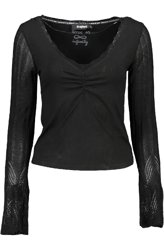 Chic V-Neck Lace Accent Black Shirt