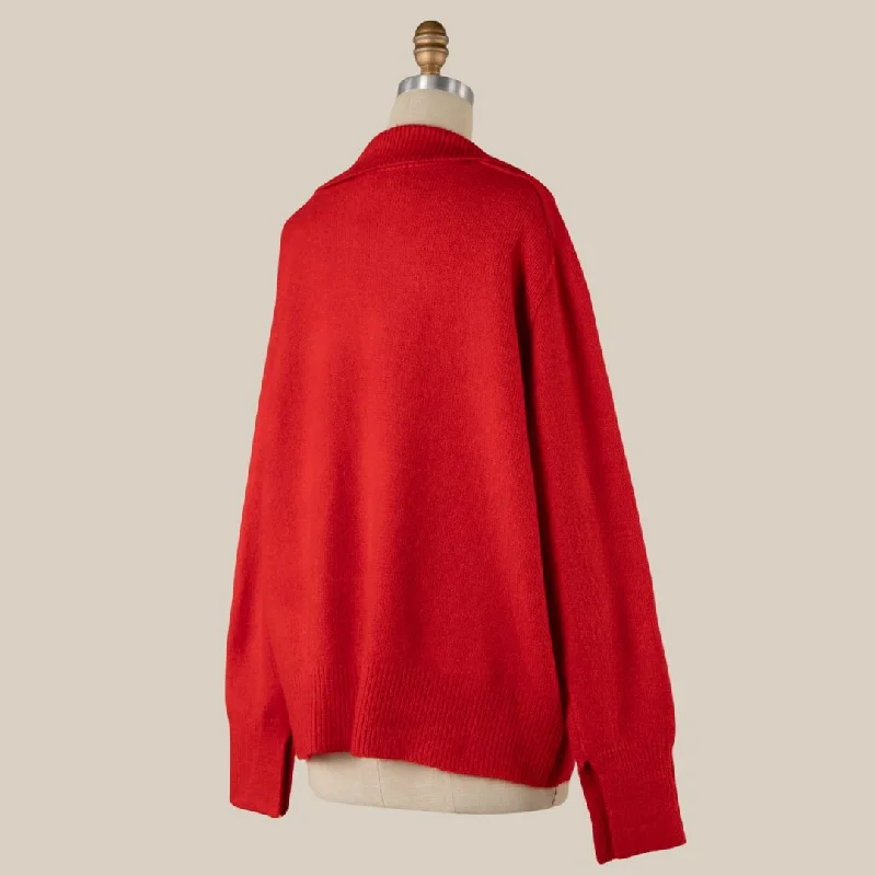 Collar V Neck Knit Sweater (Red)