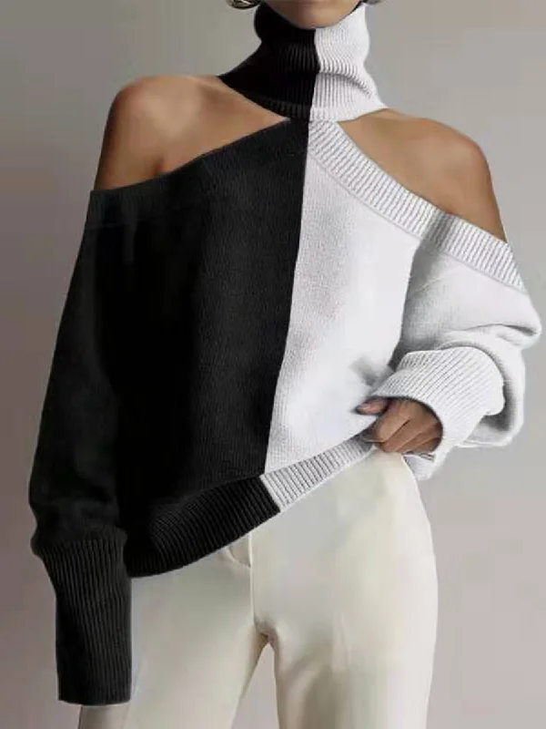 Fashion High Collar Off Shoulder Color Block Sweater