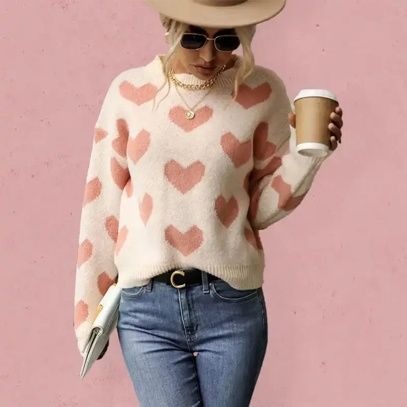 Knit Casual Heart Long Sleeve Pink Sweater