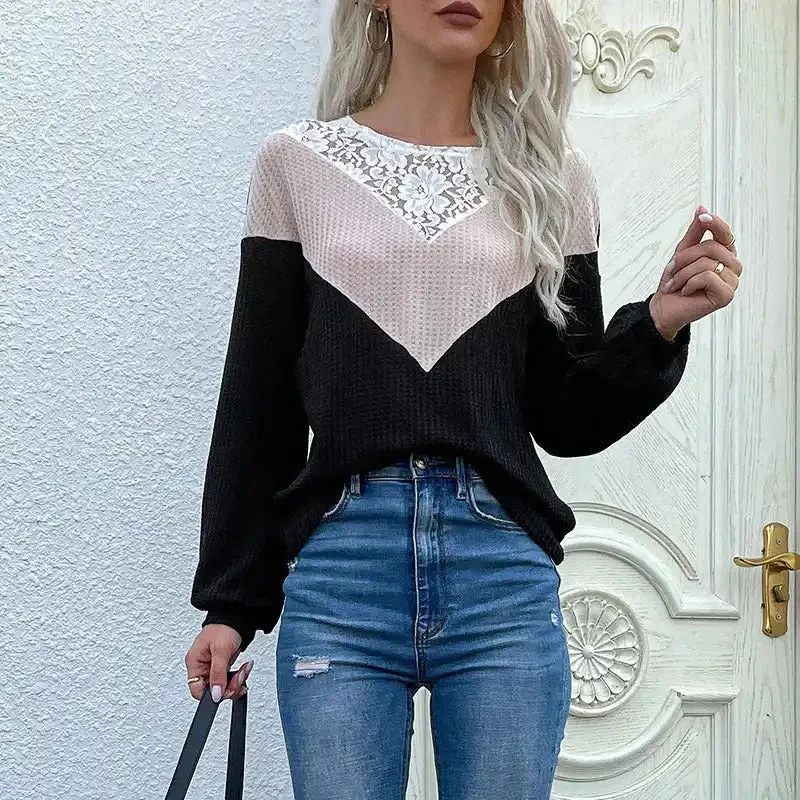 Long-sleeve color-block lace crewneck sweater