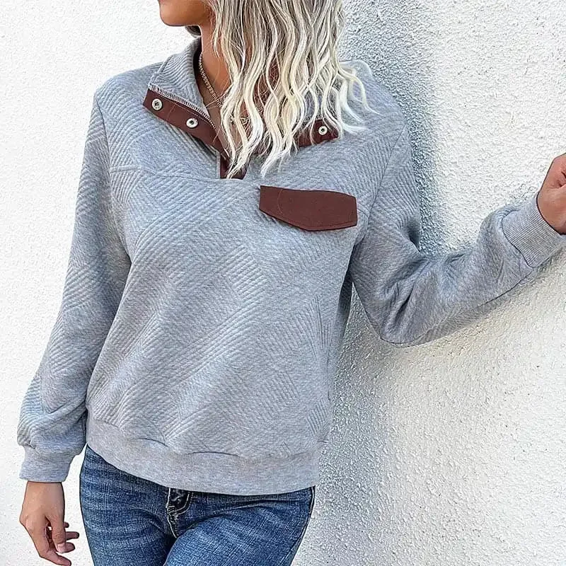 Women’s Long-Sleeved Lapel Open Button Solid Color Sweater