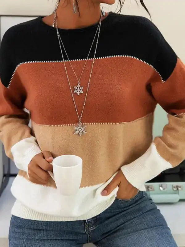 Women’s Striped Contrast Long Sleeve Crewneck Knit Sweater