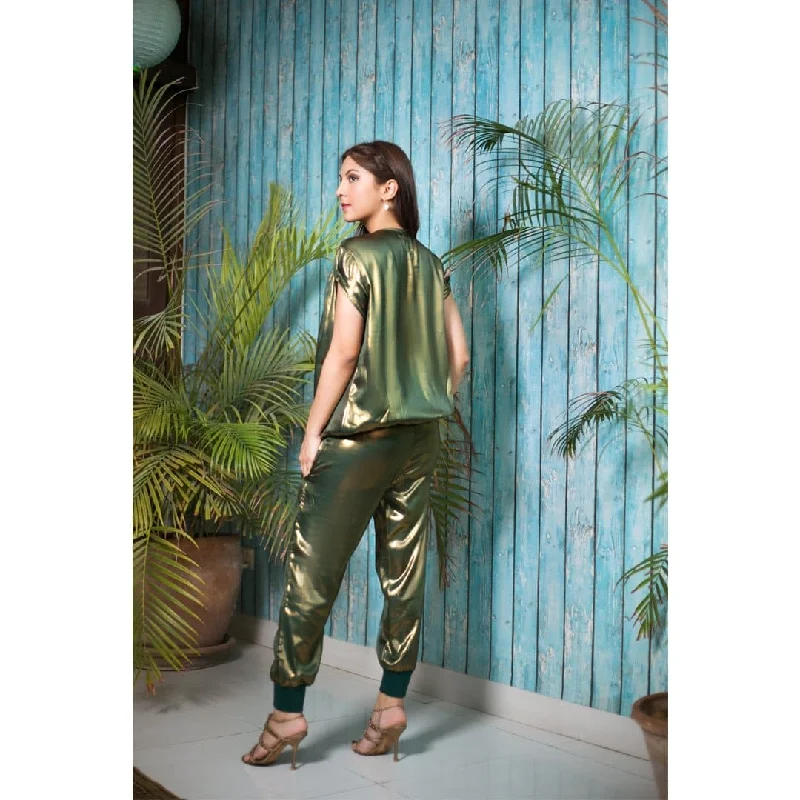 Drawstring Pant in Green Lame