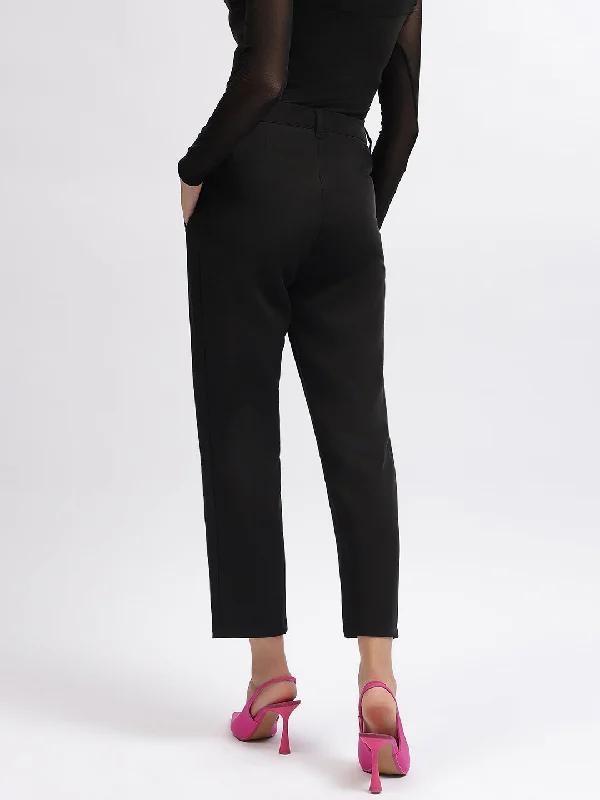 Iconic Women Black Solid Regular Fit Trouser