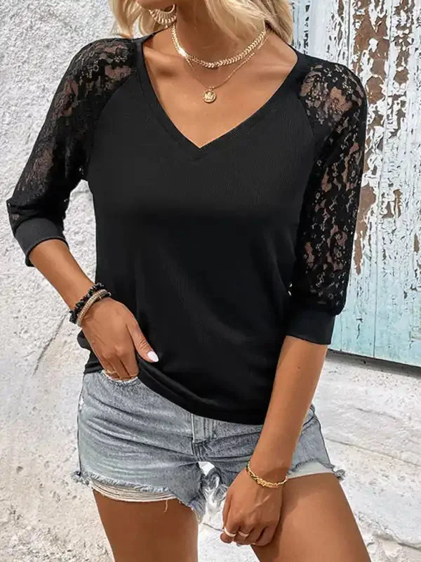 New casual elegant lace stitching black women’s top