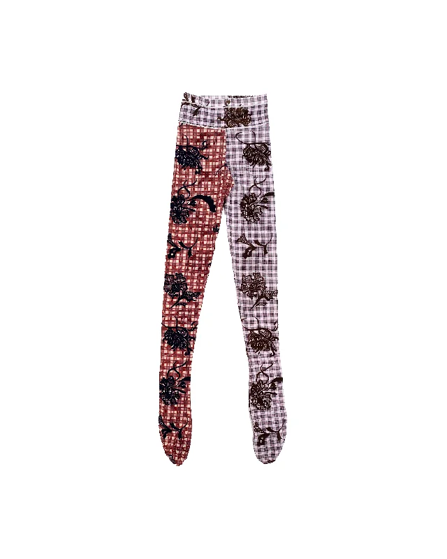 Tartan Flower Flocked Leggings - Red / Brown