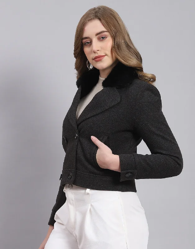 Women Black Solid Lapel Collar Full Sleeve Coat