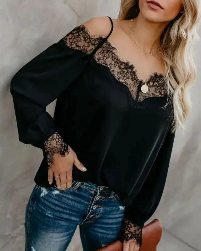 Women’s Cold-shoulder Blouse With Straps In Solid-colored Crochet Lace