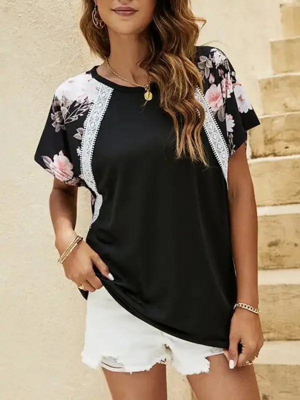 Women’s Flutter Sleeve Print Contrast Panel Tee