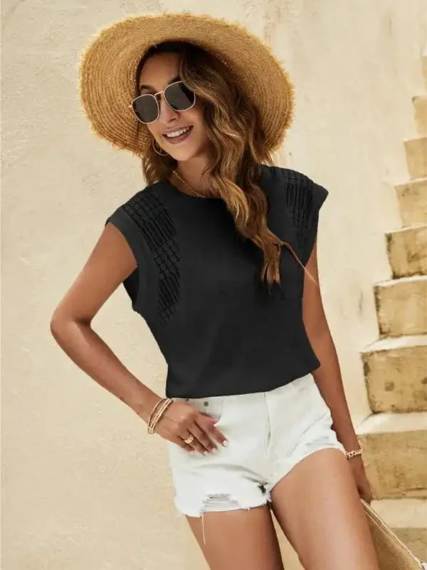 Women’s Solid Color Crepe Knit Top With Lace Flanged Sleeve