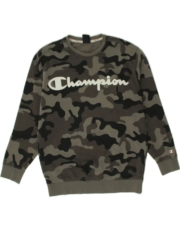 CHAMPION Mens Graphic Sweatshirt Jumper Small Grey Camouflage Cotton