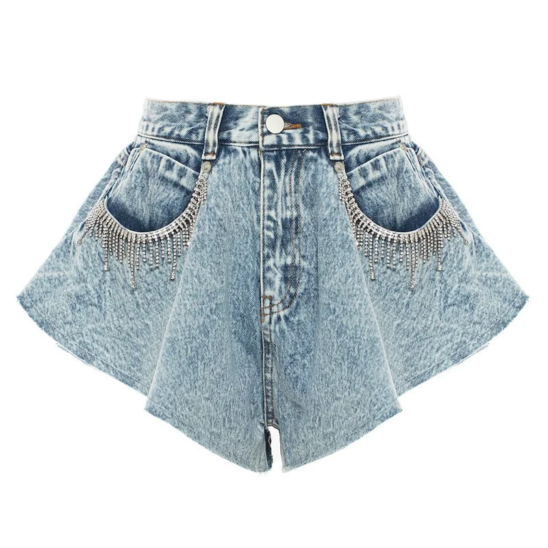 Crystal High Waist Extra Loose Leg Denim Shorts