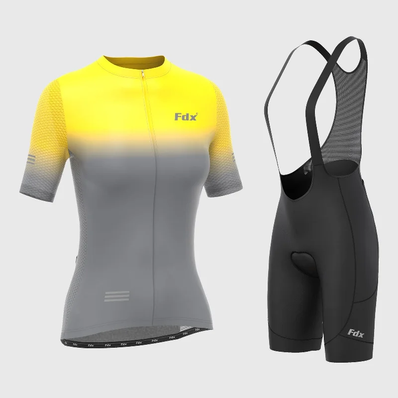 Fdx Women's & Girl's Set Duo Yellow / Grey Short Sleeve Cycling Jersey, Cargo Bib Shorts