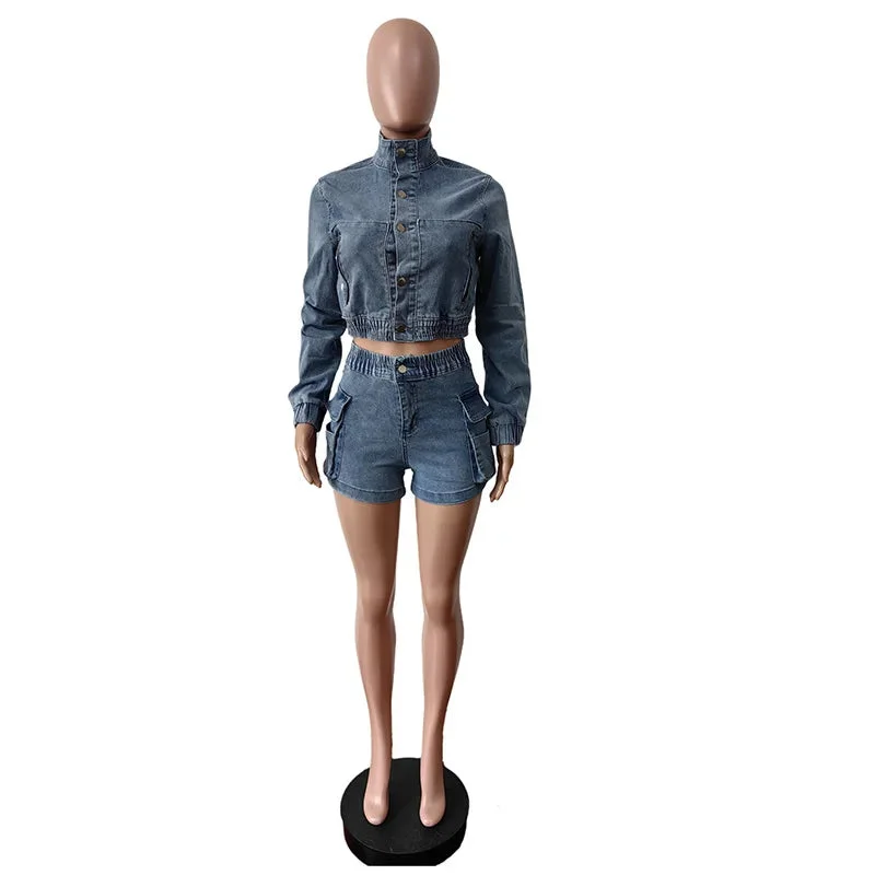 FZ Women's Single Breasted Long Sleeve 2 Piece Denim Shorts Suit