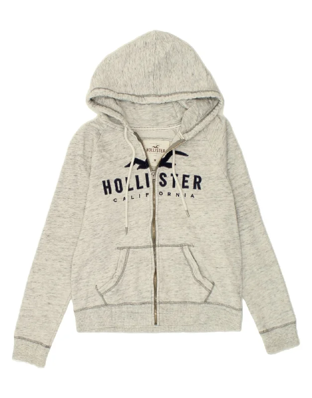 HOLLISTER Womens Graphic Zip Hoodie Sweater UK 14 Medium Grey Flecked