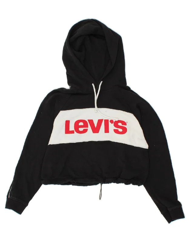 LEVI'S Womens Crop Graphic Hoodie Jumper UK 10 Small Black Colourblock