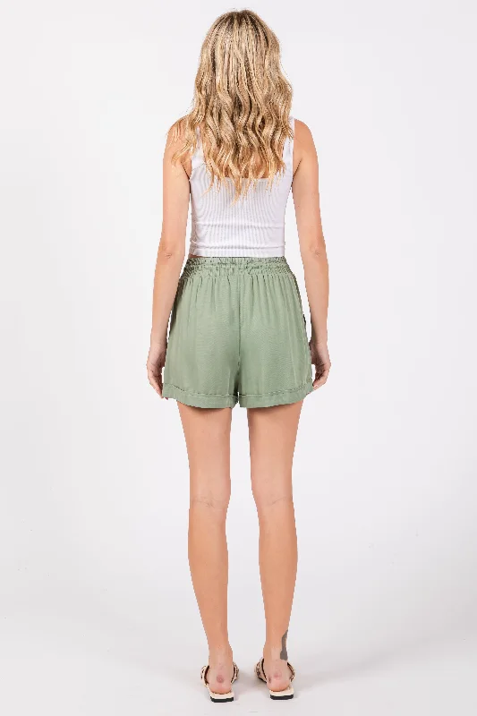 Light Olive Drawstring Waist Tie Shorts