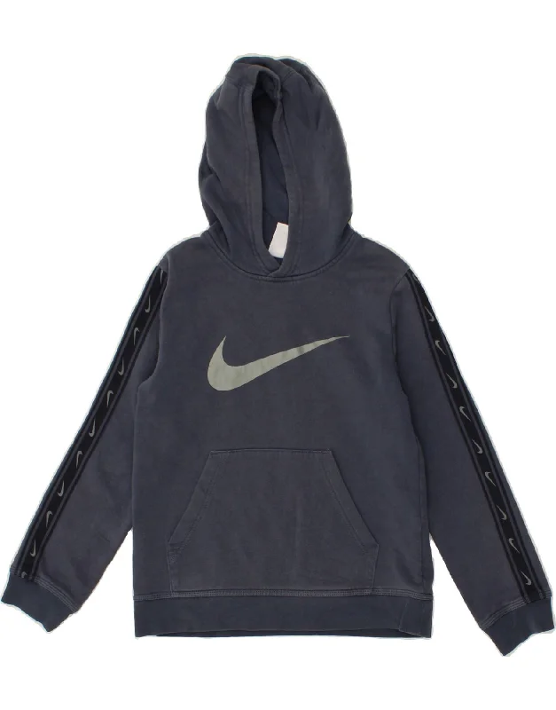 NIKE Boys Graphic Hoodie Jumper 10-11 Years Medium Navy Blue Cotton